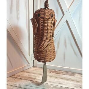 Elephant Hanging Wind Chime Wicker/Rattan Basket Weave BOHO w/Googly Eyes 8"Tall